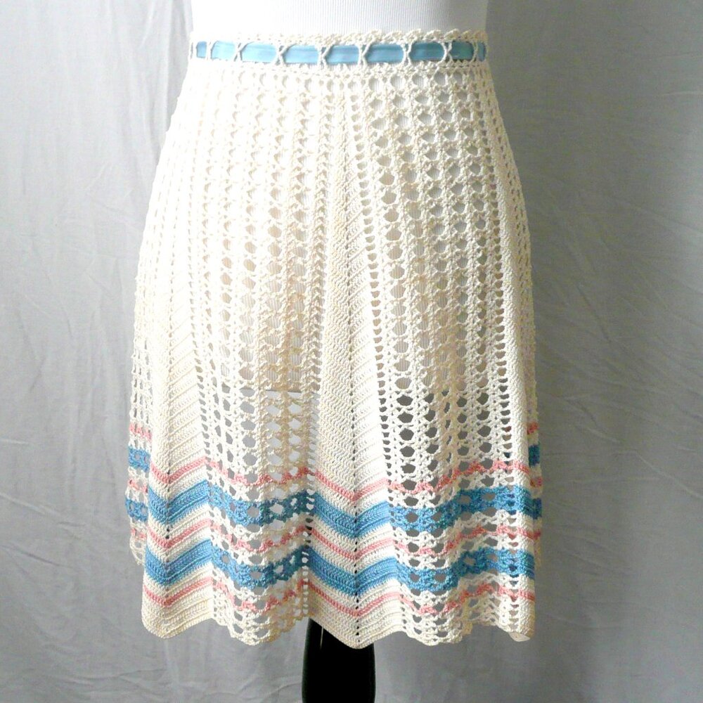 Vintage Crochet Pastel Chevron Half Apron White Pink Blue Lace Country Core